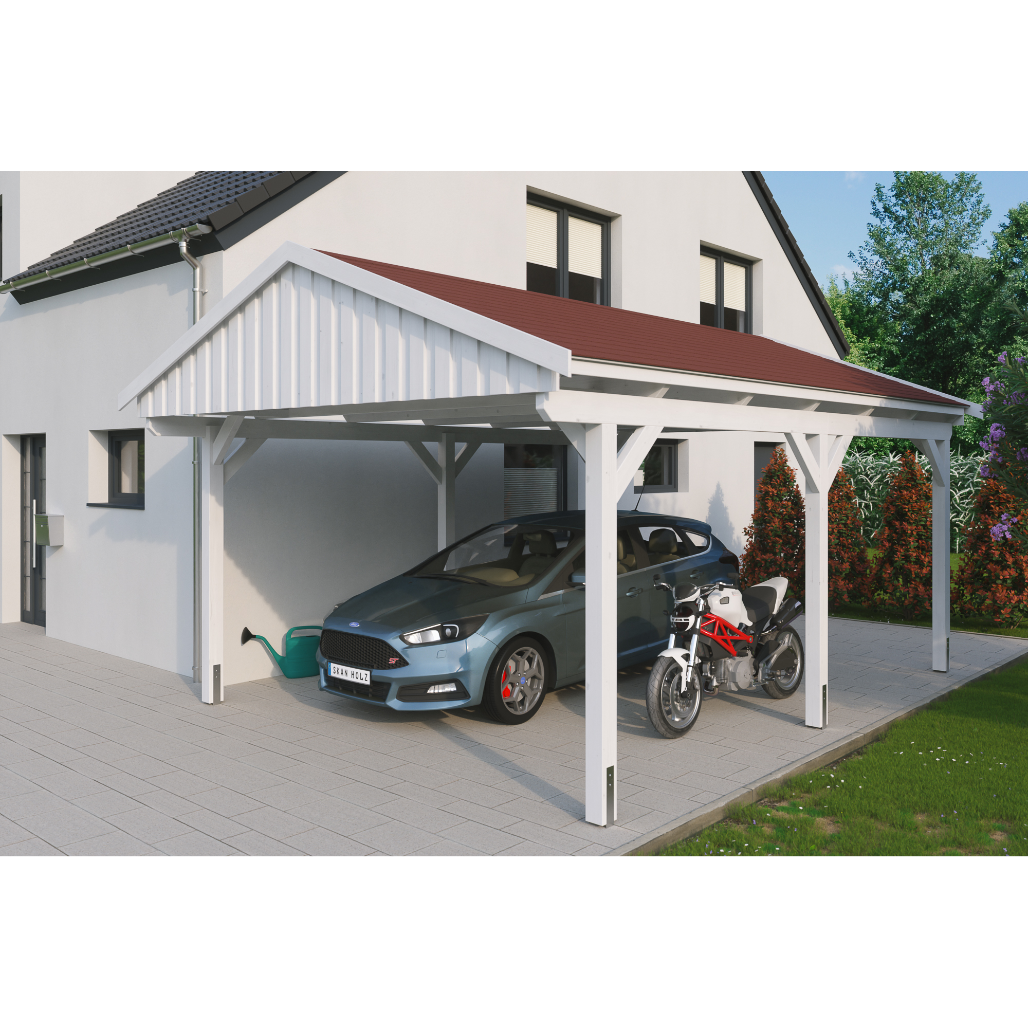 SKAN HOLZ Carport 'Fichtelberg' weiß mit roten Schindeln 423 x 566 cm