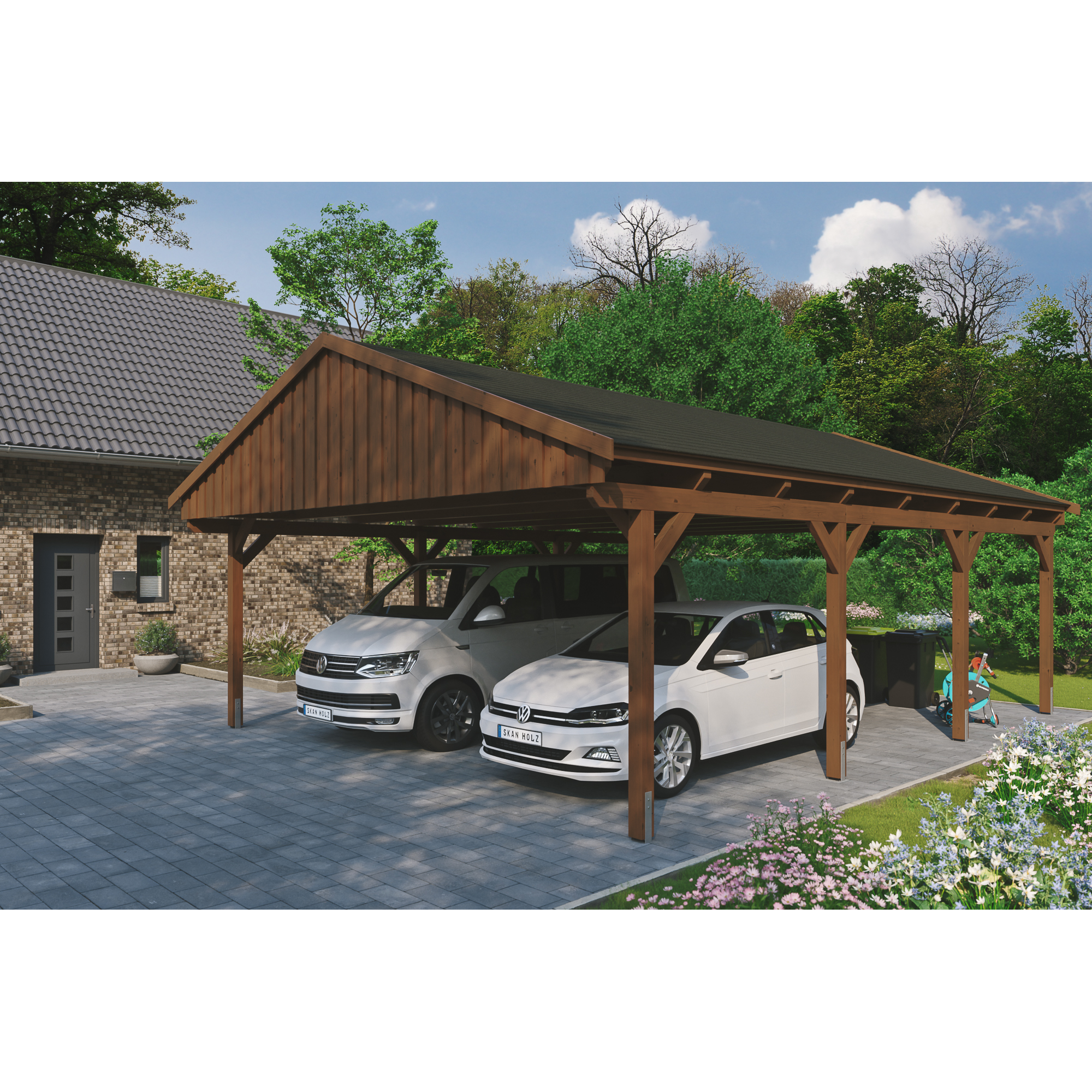 SKAN HOLZ Carport 'Fichtelberg' nussbaumfarben mit schwarzen Schindeln 618 x 808 cm