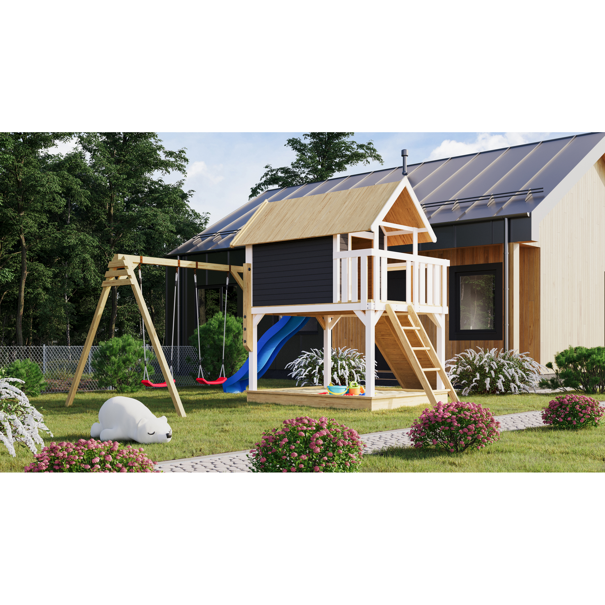 Karibu Stelzenhaus 'Fidel' terragrau nordische Fichte 198 x 329,5 x 243 cm