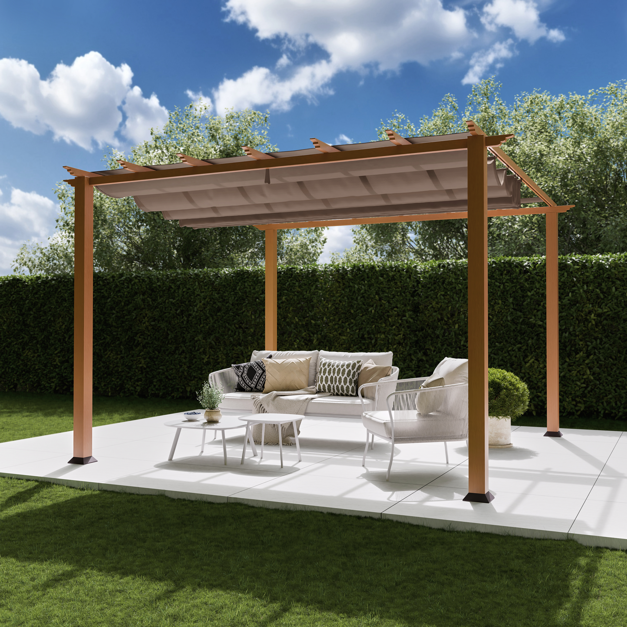 Paragon-Outdoor Pergola 'Florida 11 x 11' Aluminium Holzoptik mit Sonnensegel 350 x 350 x 235 cm
