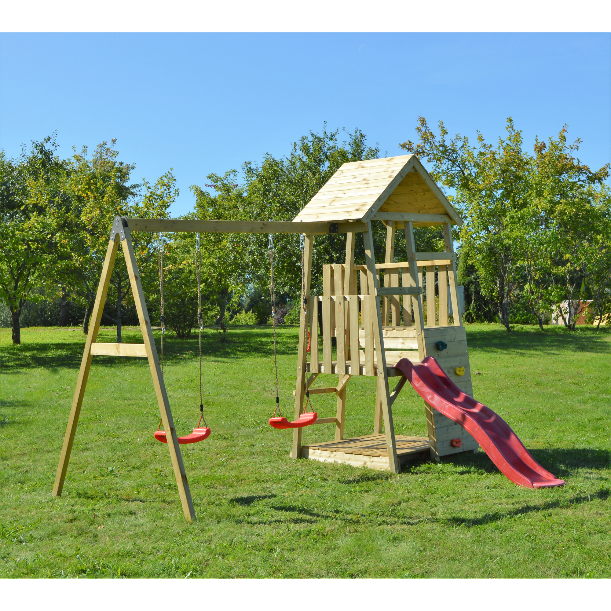 Wendi Toys Holz-Spielturm 'Salamander' natur Rutsche, Kletterwand und 2 Schaukeln 290 x 340 x 270 cm