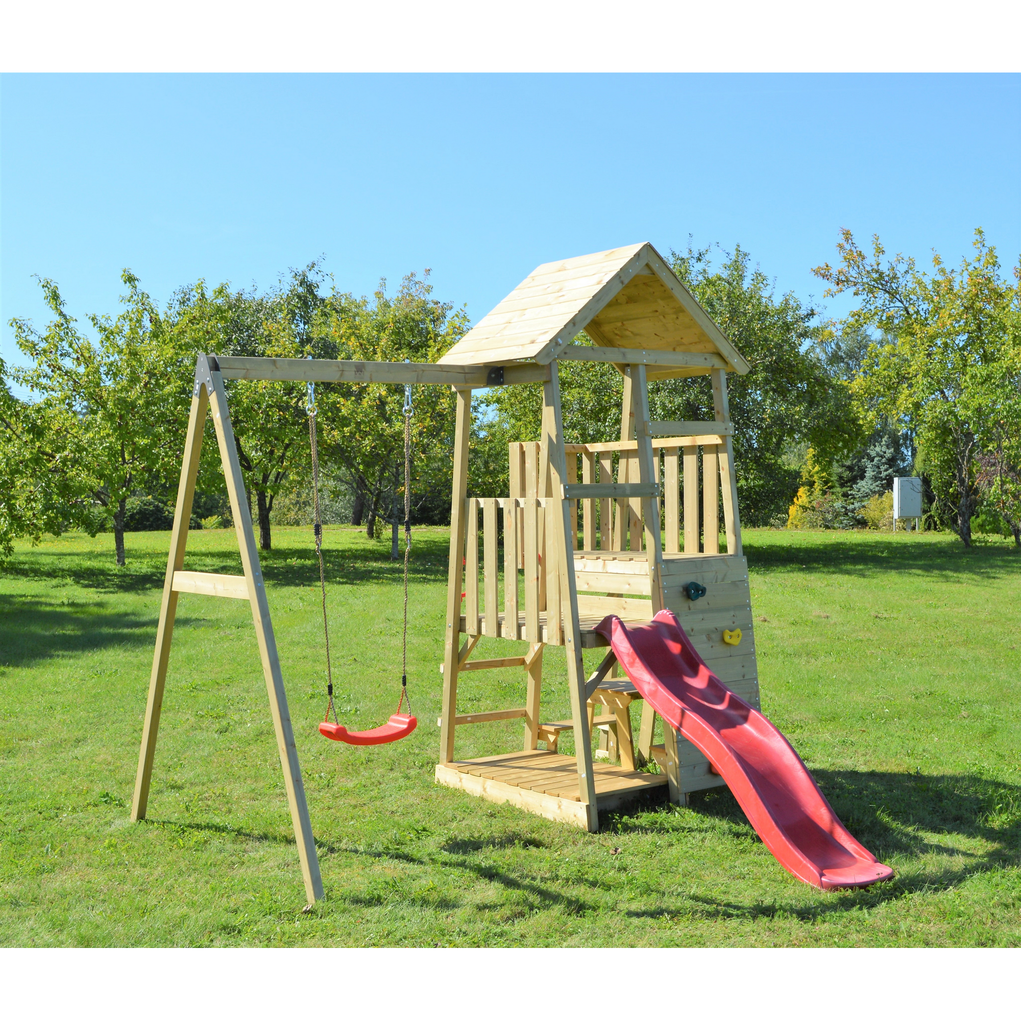 Wendi Toys Holz-Spielturm 'Gorilla' natur Rutsche, Kletterwand, Schaukel und Picknicktisch 290 x 270 x 270 cm