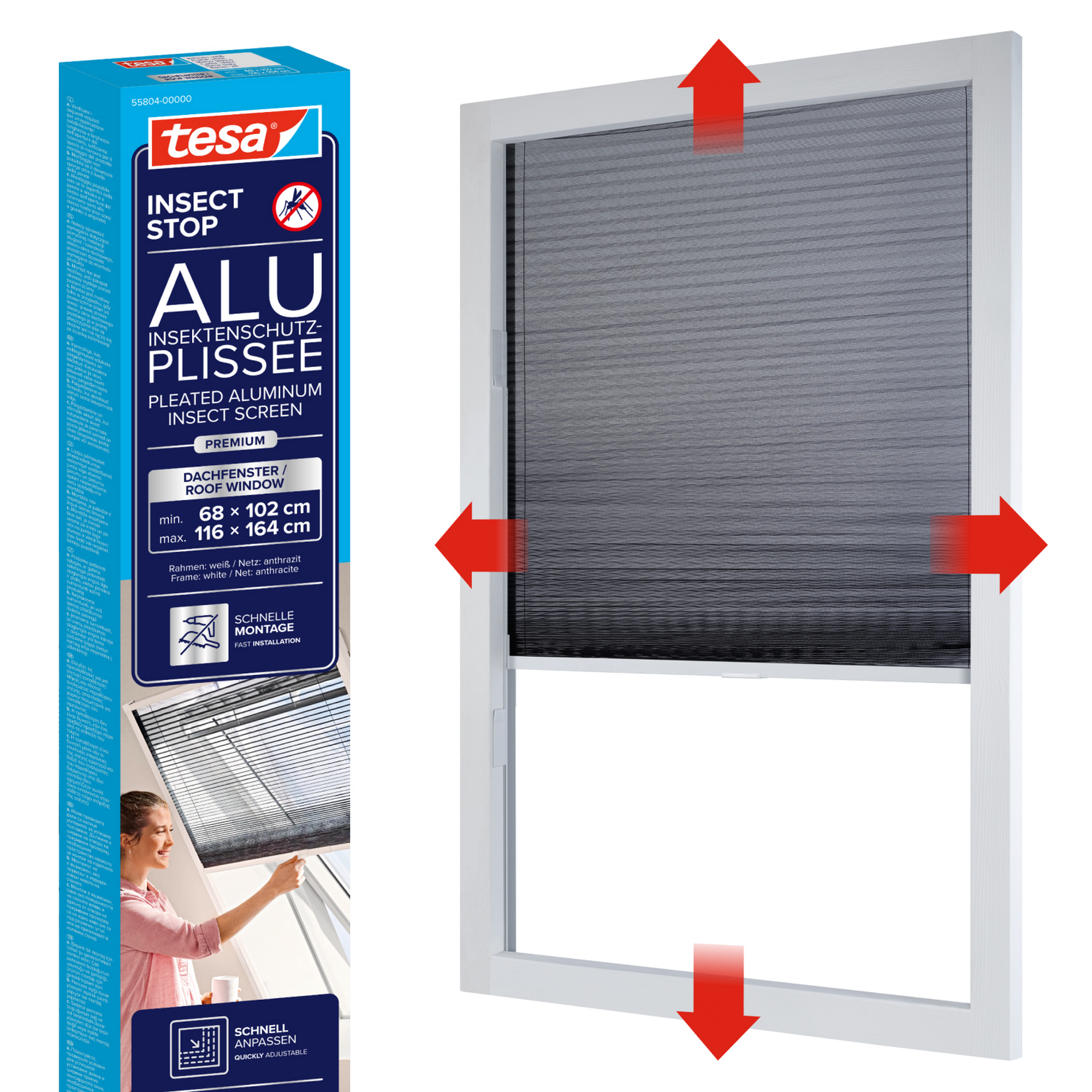 tesa Fliegengitter für Dachfenster 'Alu-Insektenschutz-Plissee' teleskopierbar 102 x 164 cm