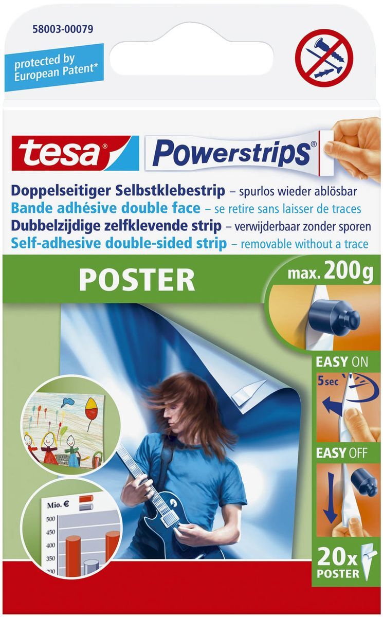 Powerstrips® Poster - ablösbar, Tragfähigkeit 200 g, weiß, 20 Stück