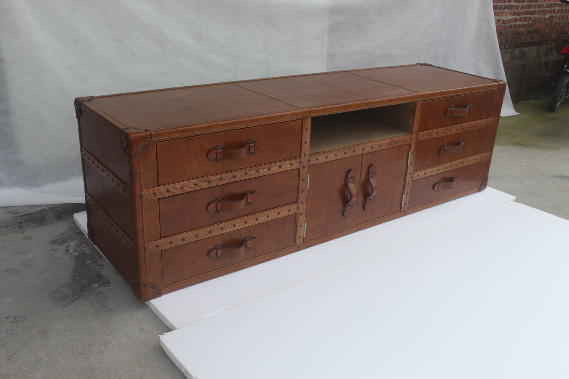 Vintage Kommode Sideboard Leder TV Lowboard Truhe Old Look Style Koffer Tisch