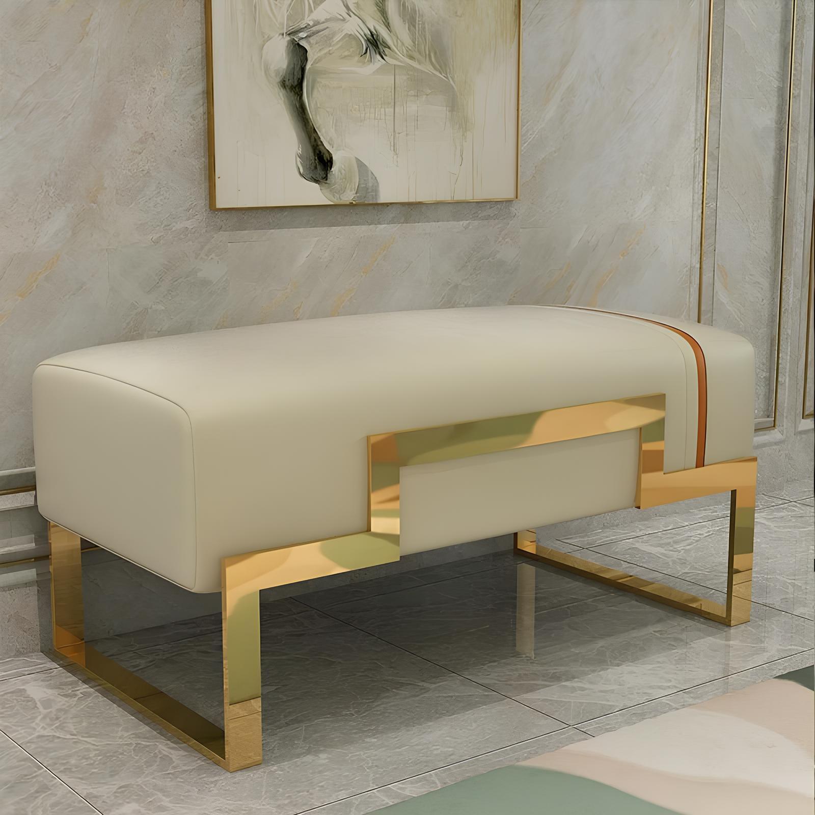 Hocker Polsterhocker Fuß Möbel Wohnen Sitzbänke Sitz Leder Beige Design Leder