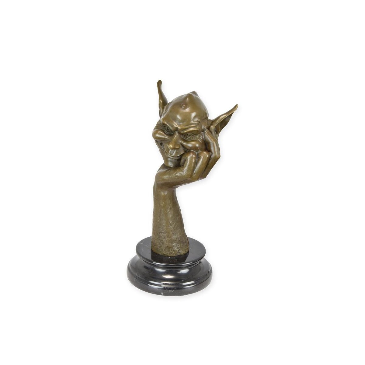 Bronzeskulptur Bronzefigur Goblinkopf auf Hand
