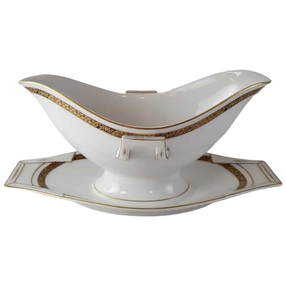 Sauciere mit Teller 1tlg Hutschenreuther Hohenberg Dekor Schwarz Gold Weiß gebraucht - sehr gut