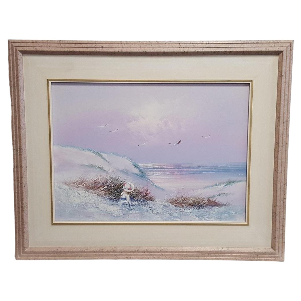 Ölgemälde Meer Naturansicht Mädchen Dame am Strand mit Holzrahmen signiert