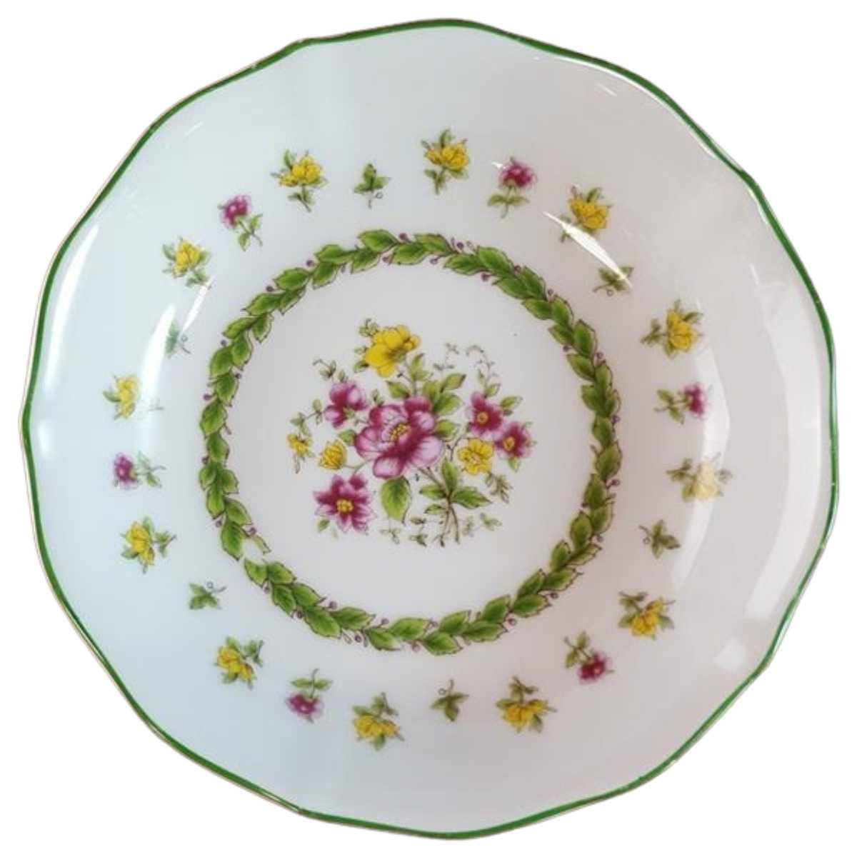 Untertasse Dessertschale 14 cm Schaller bunte Blumendekor mit Grünrand Blumen gebraucht - akzeptabel