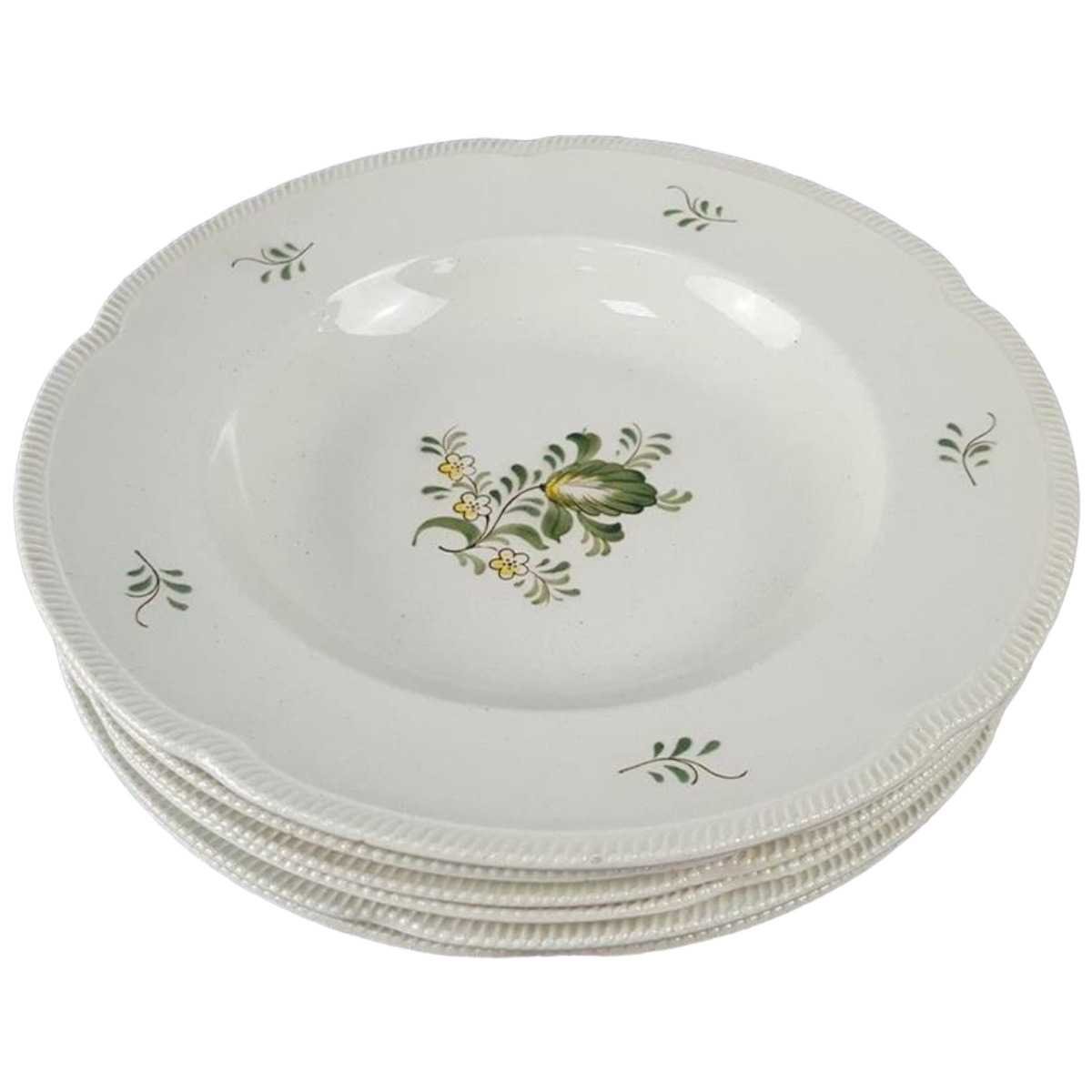 6er Set Suppenteller 24 cm VEB Dresden Blumendekor grün gelb Blumen gebraucht - sehr gut