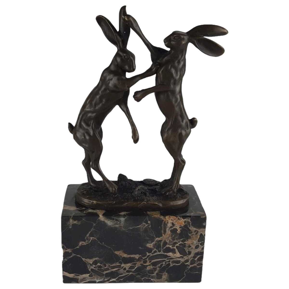 Bronzeskulptur Bronzefigur Zwei Boxende Hasen
