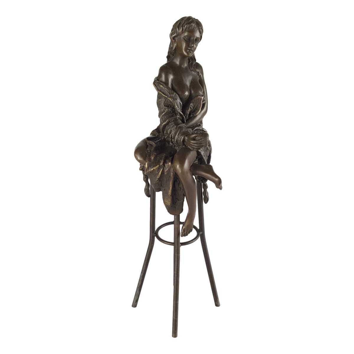 Bronzeskulptur Bronzefigur Frau auf Barstuhl Barhocker #43268