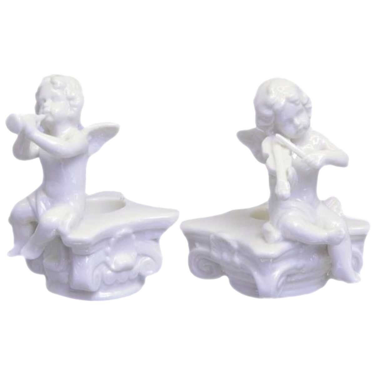 Figur Skulptur 2 Kerzenhalter Alabaster Engel musizierend auf Stein sitzend