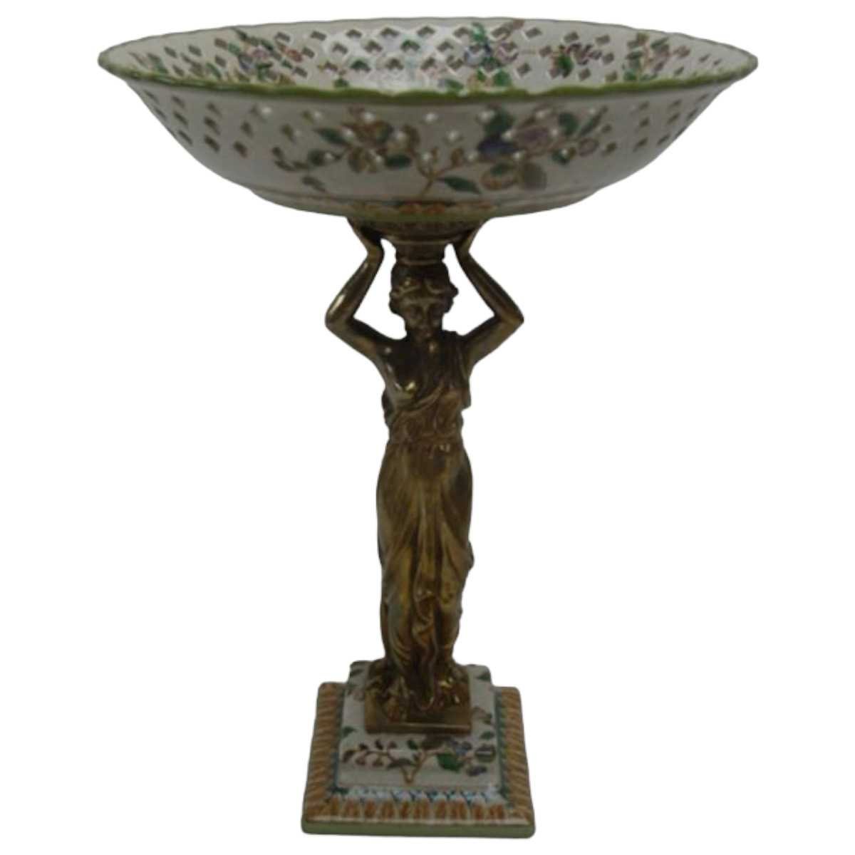 Schale Bronze mit Porzellan auf Standfuß