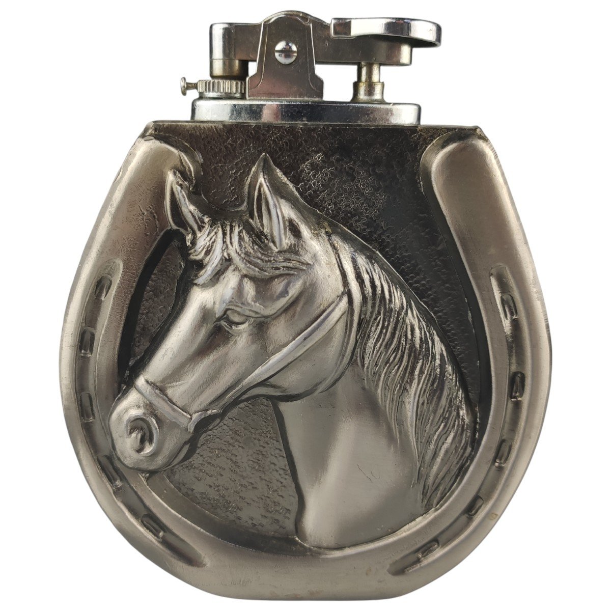 Tischfeuerzeug Gas Sammler Feuerzeug Zinkguss Pferdekopf im Hufeisen