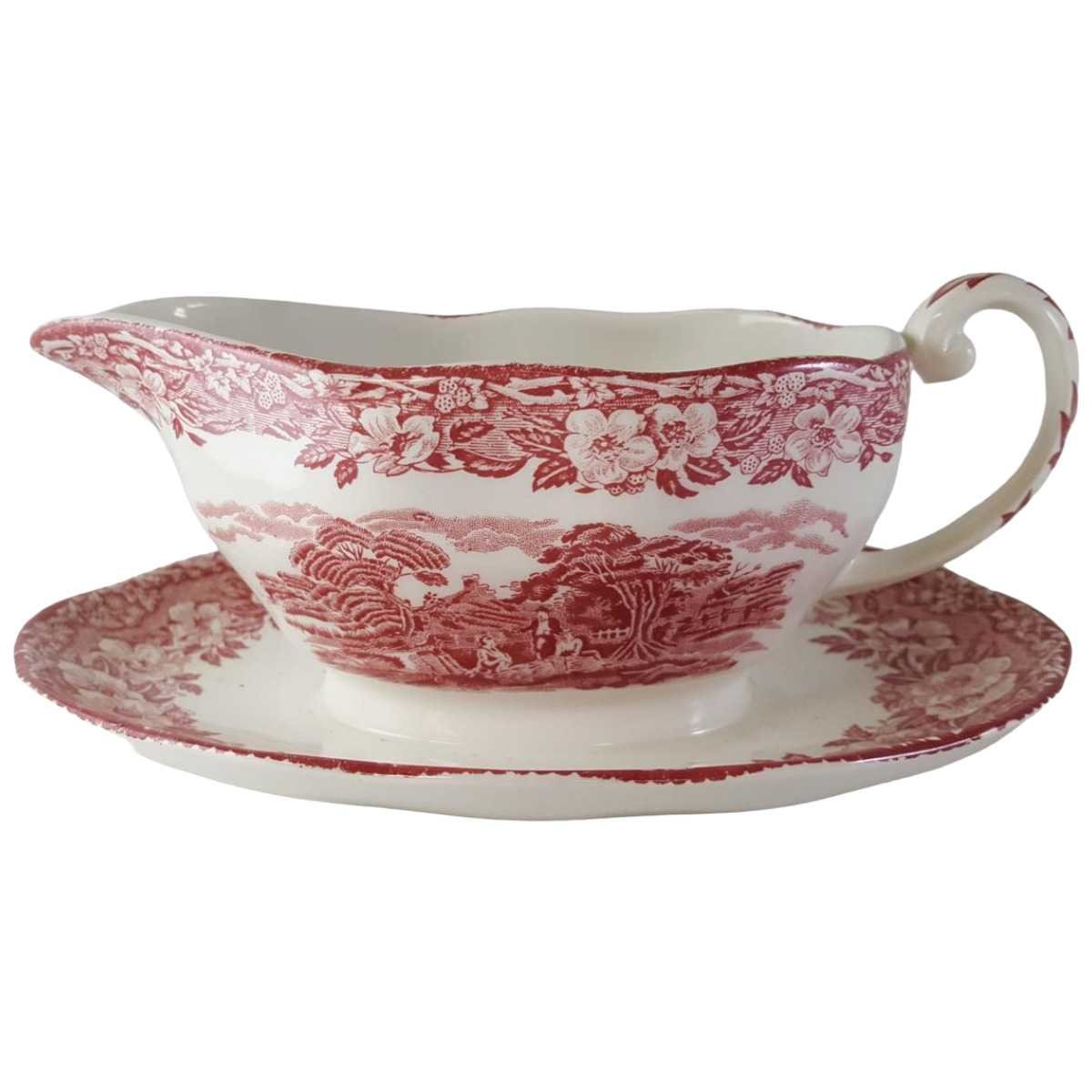 Sauciere mit Teller 1tlg Enoch Wedgwood Woodland Rot gebraucht - sehr gut