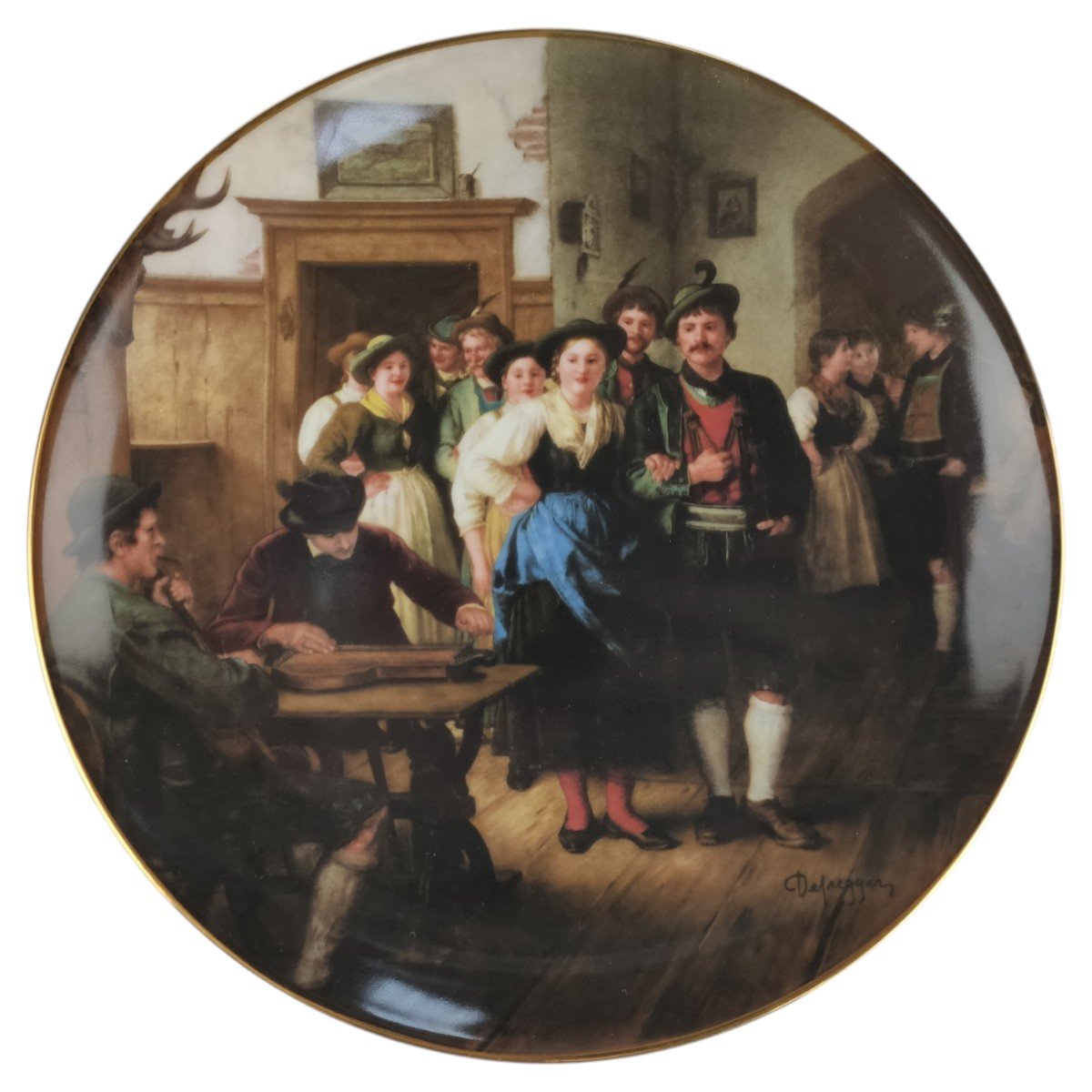 Wandteller Lilien Porzellan Die Meisterwerke des Franz von Defregger Vor dem Tanz gebraucht - neuwertig