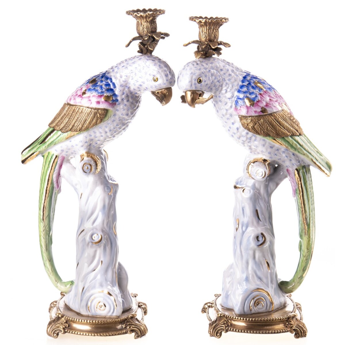 Porzellan mit Bronze Kerzenständer Papageien Set/2