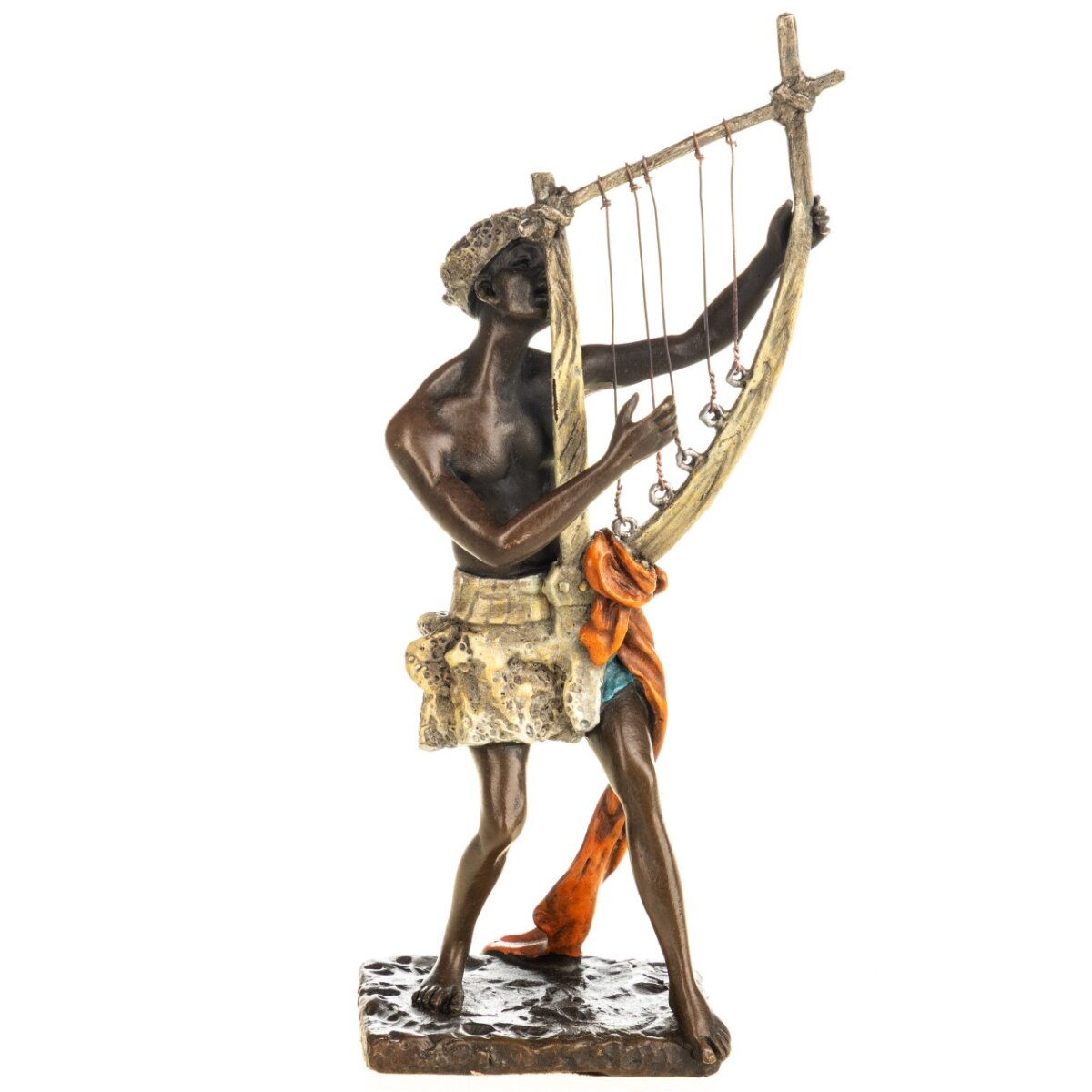 Farbige Bronzefigur Wiener Art Arabischer Musiker mit Harfe