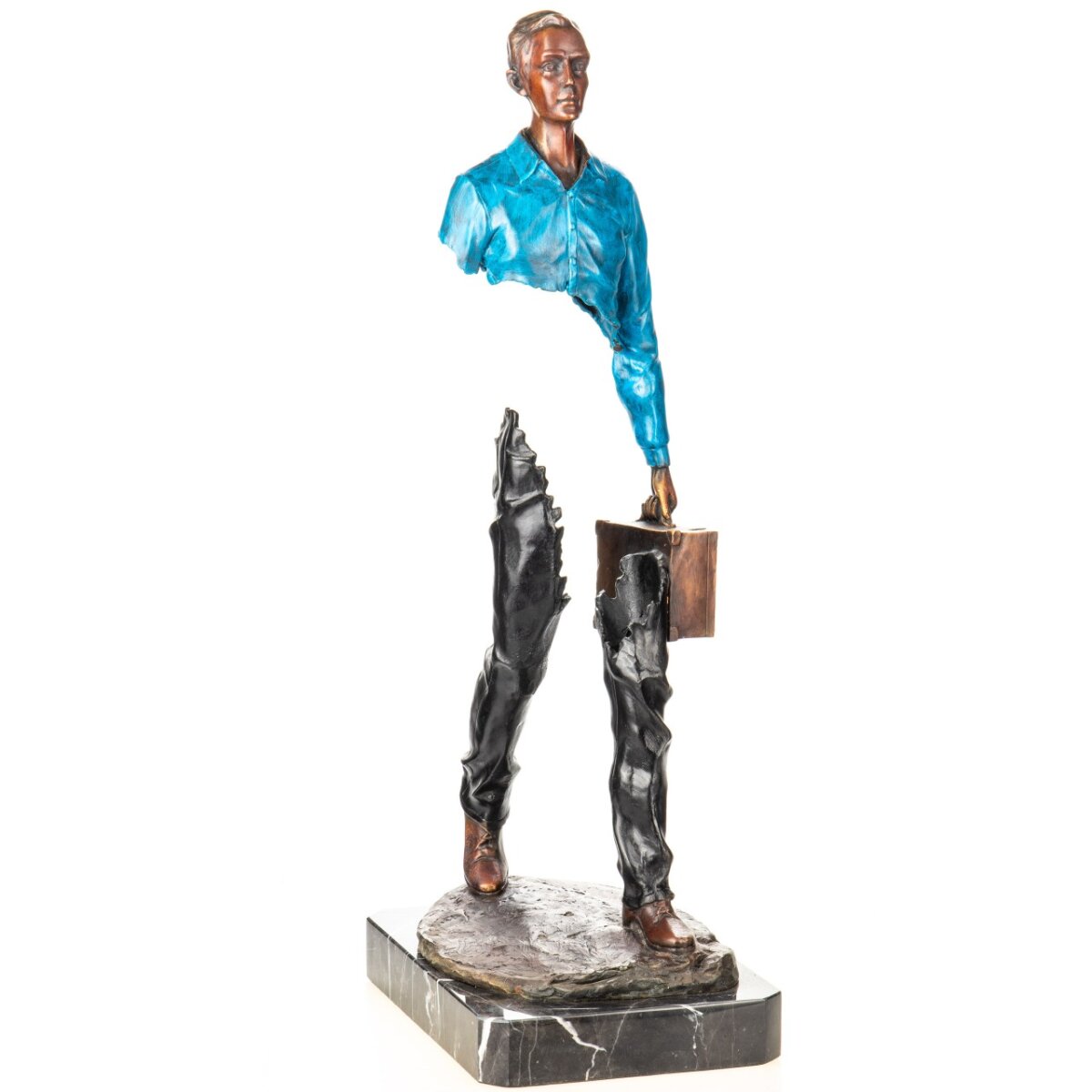 Farbige Bronzefigur Mann mit Koffer Modern