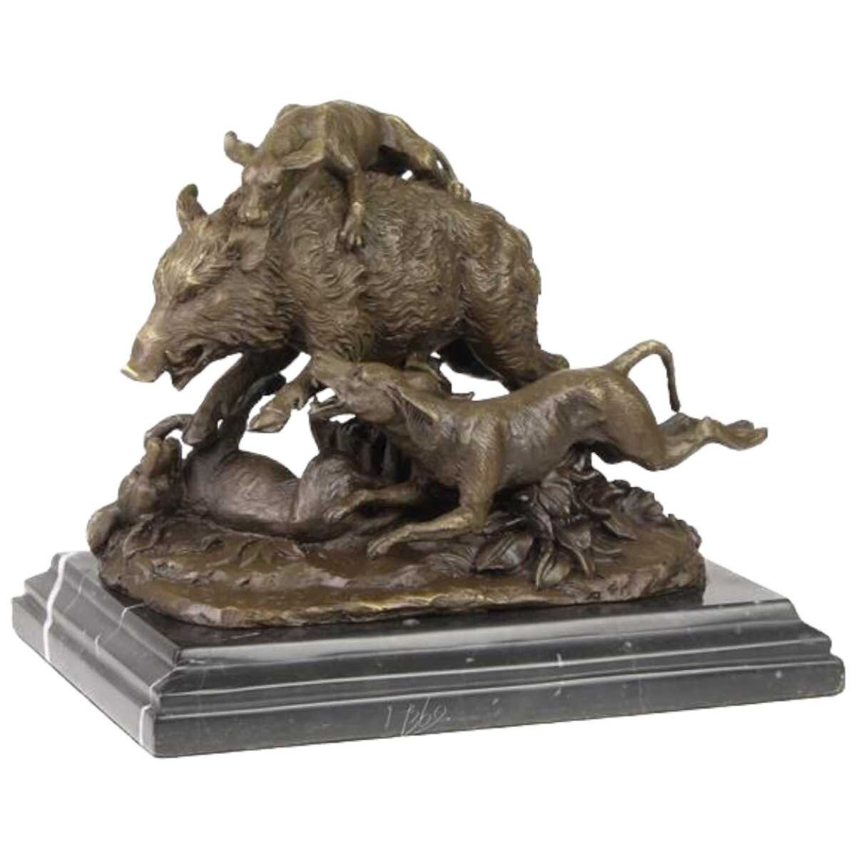 Bronzeskulptur Bronzefigur Hunde Greifen Wildschwein An