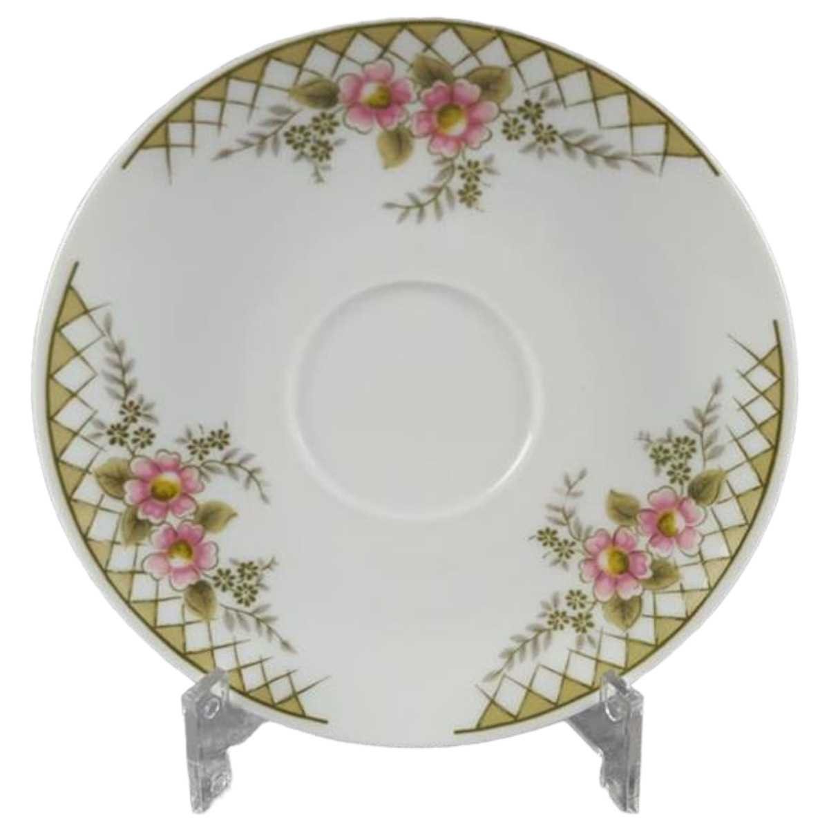 Untertasse für Kaffee 14,4 cm Winterling Kirchenlamitz rosa Blumen grün Rautendekor gebraucht - akzeptabel