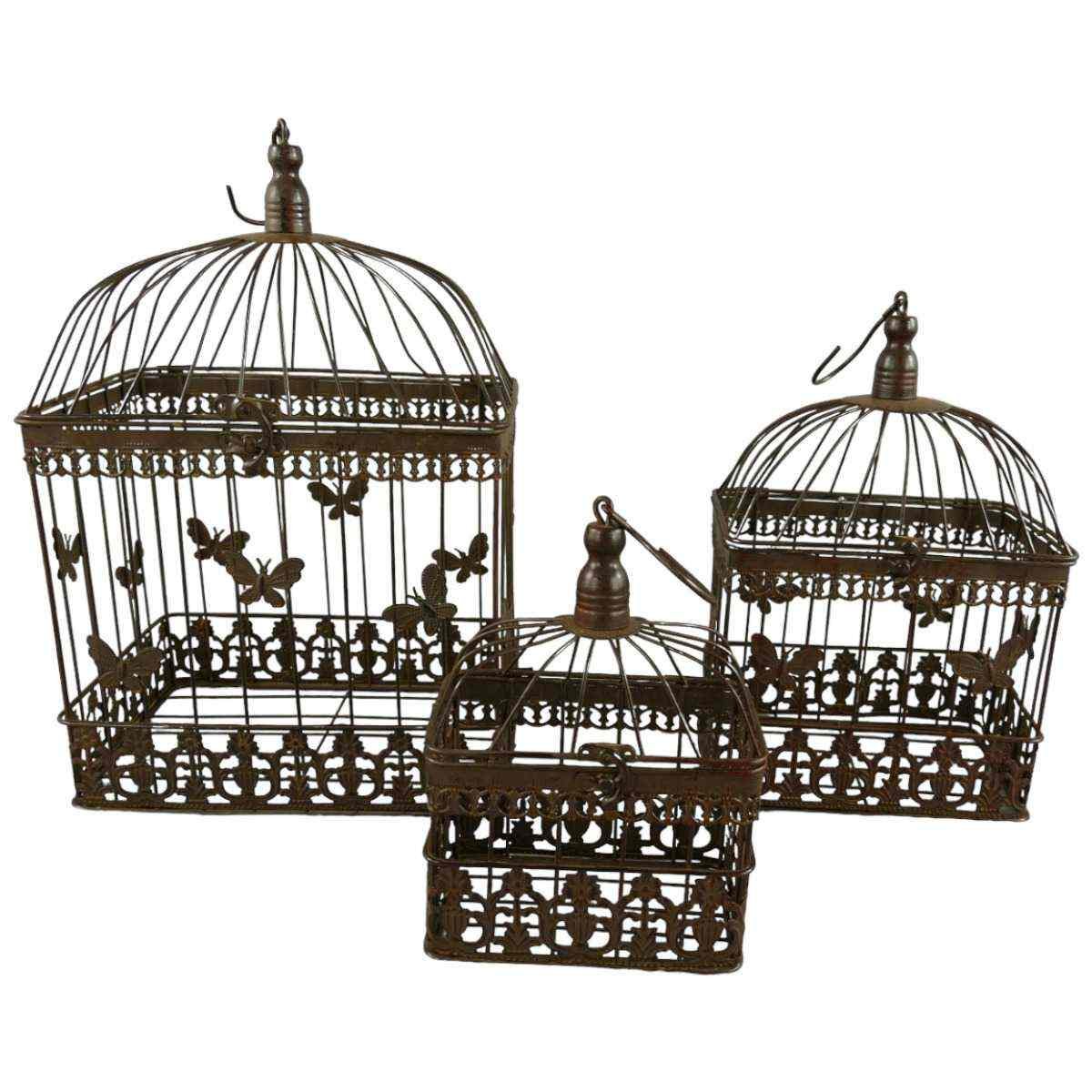 3er Set Vogelkäfig Blumen Pflanz Deko Käfig klein mittel groß Eisen eckig Braun rustikal