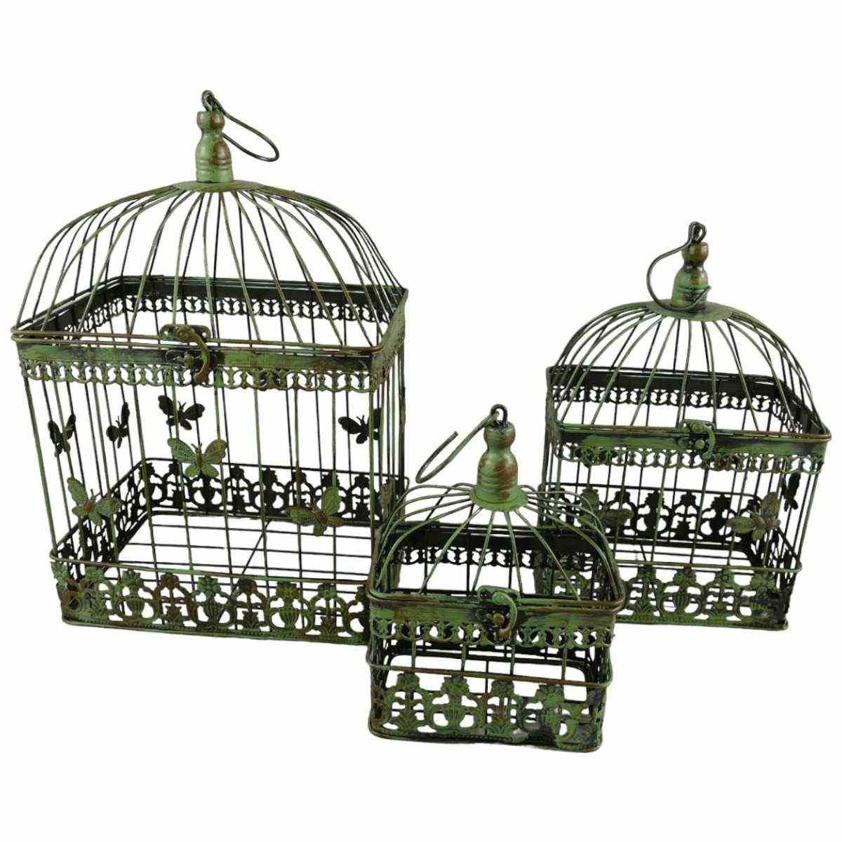 3er Set Vogelkäfig Blumen Pflanz Deko Käfig Eisen eckig Grün