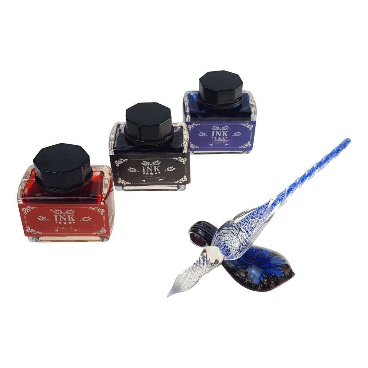 Schreibset in Geschenkbox Bestehend aus Schreibfeder Glas, Ablage Glas