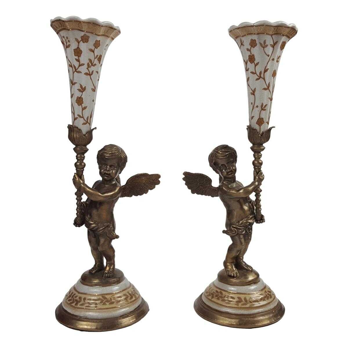 2er Set Kerzenleuchter Kerzenständer Kerzenhalter Porzellan/Messing Engel #63132