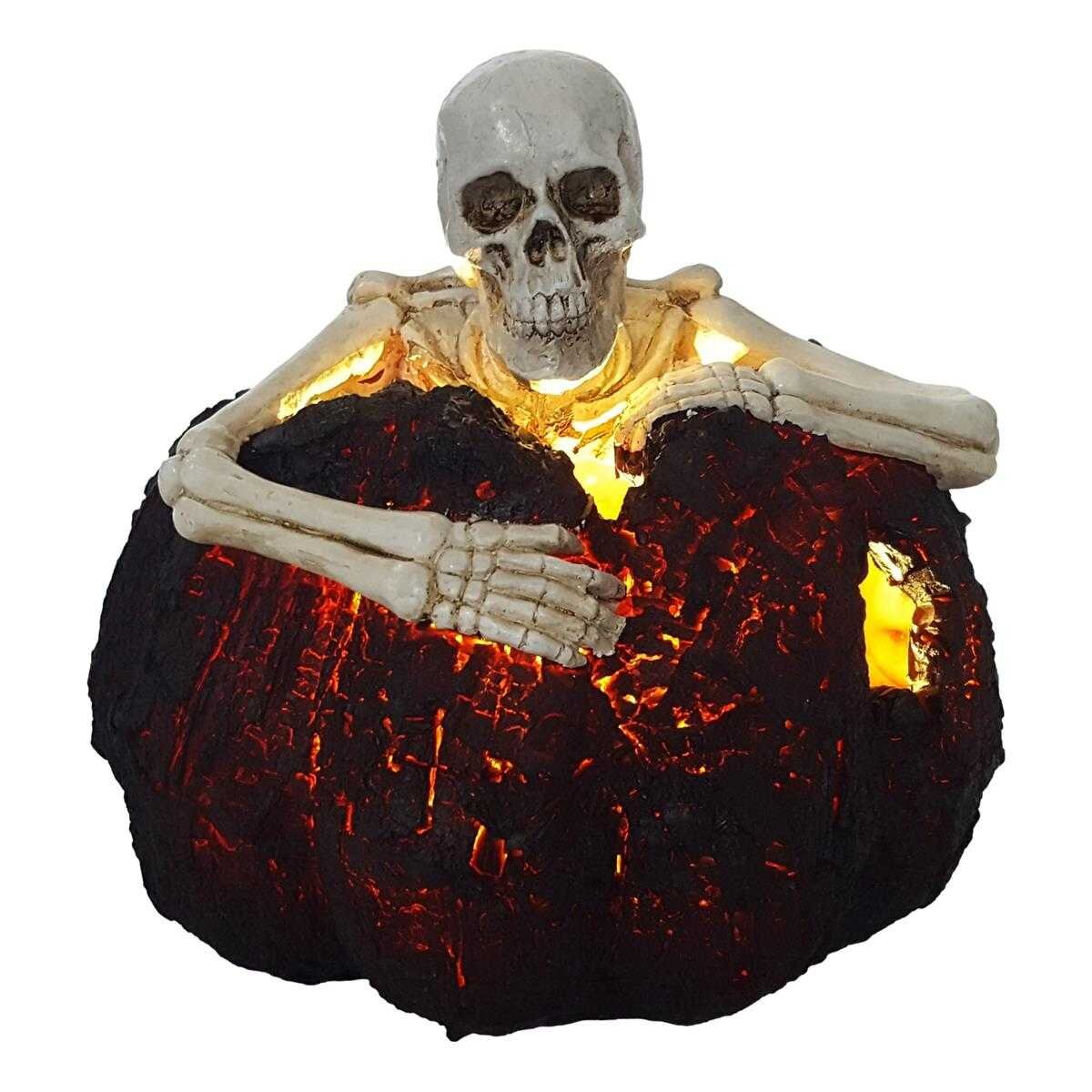 Kunststein Figur Skulptur Halloween Skelett in Kürbis mit LED beleuchtung
