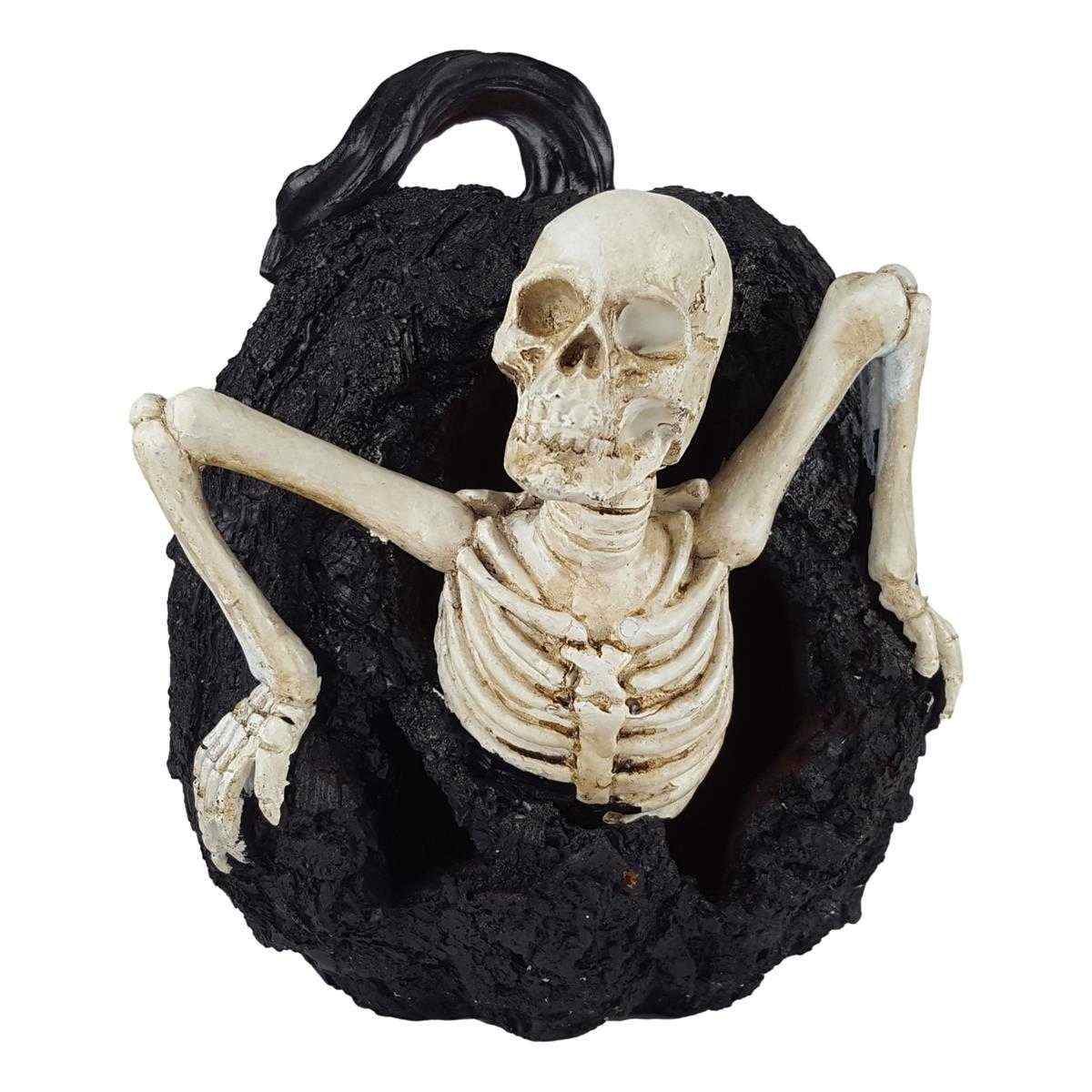 Kunststein Figur Skulptur Halloween Skelett in Kürbis mit LED beleuchtung