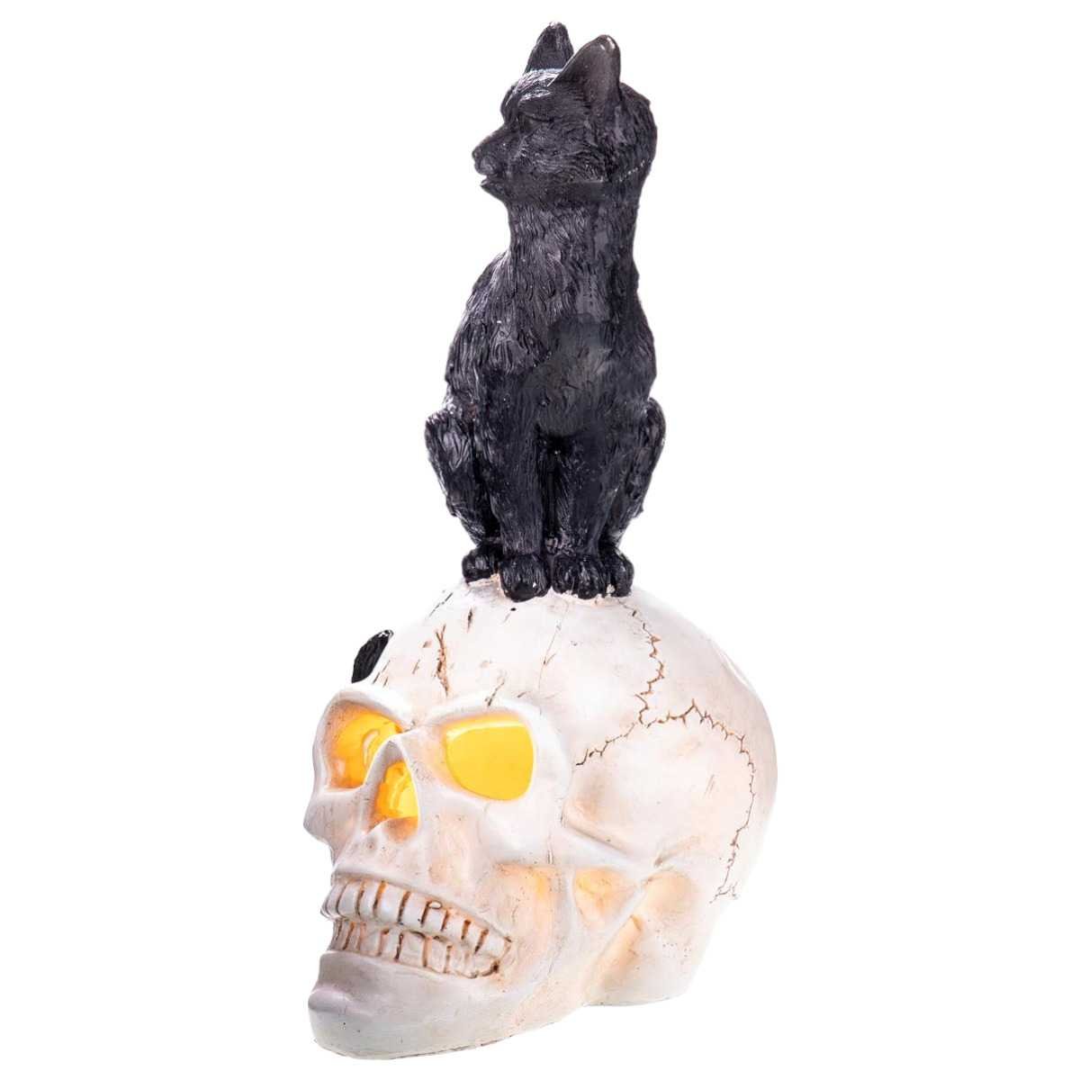 Skulptur Figur Kunststein schwarzer Kater auf Totenkopf Gothic Halloween