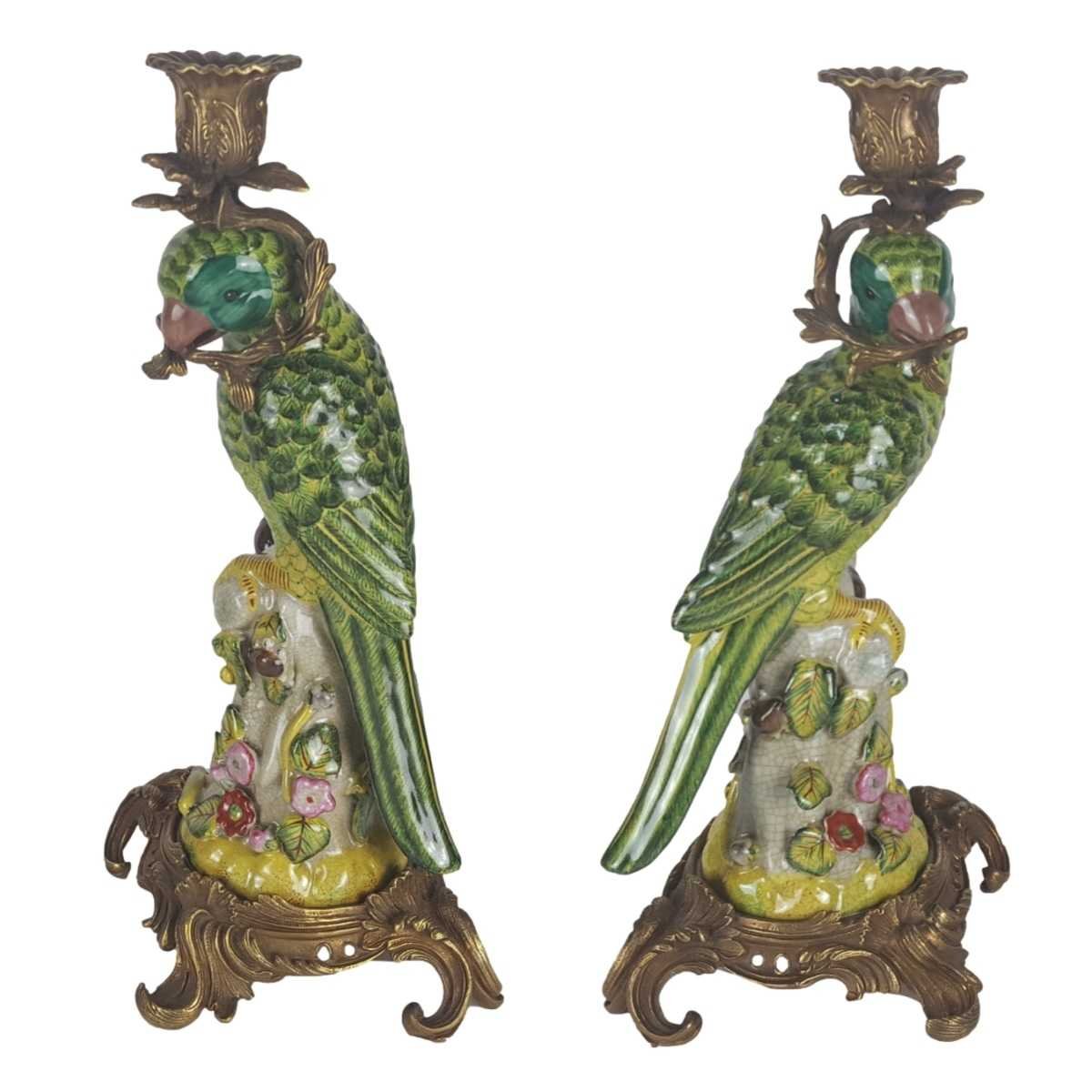 Porzellan in Bronze Kerzenhalter Kerzenständer Papageie H 36,3 cm 2er Set