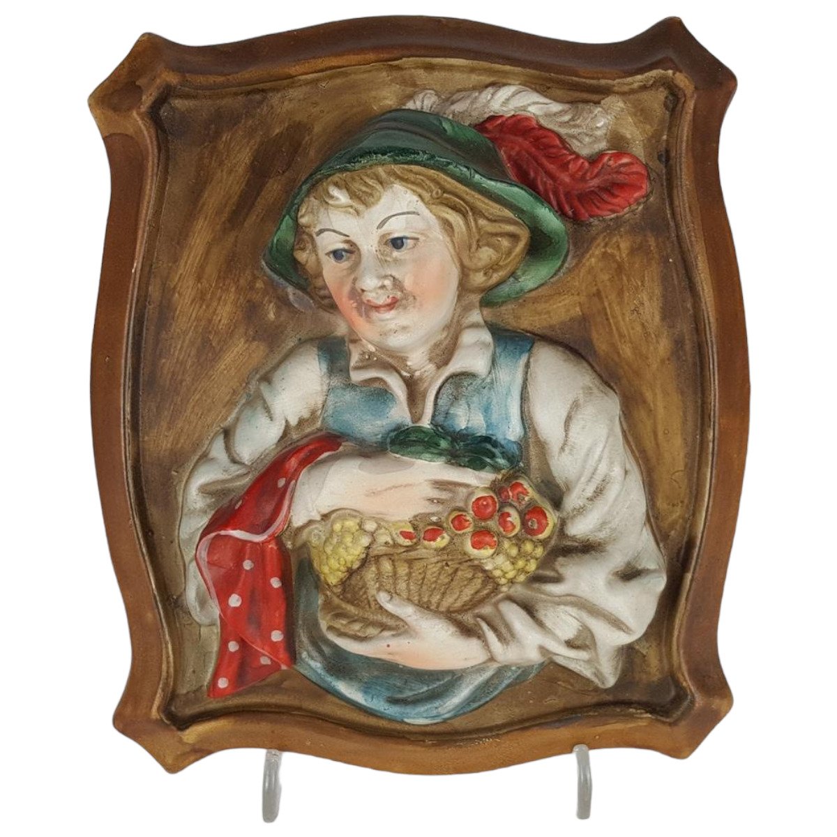 3D Porzellan Wandbild Deko Frau mit Obstkorb 16x19 cm