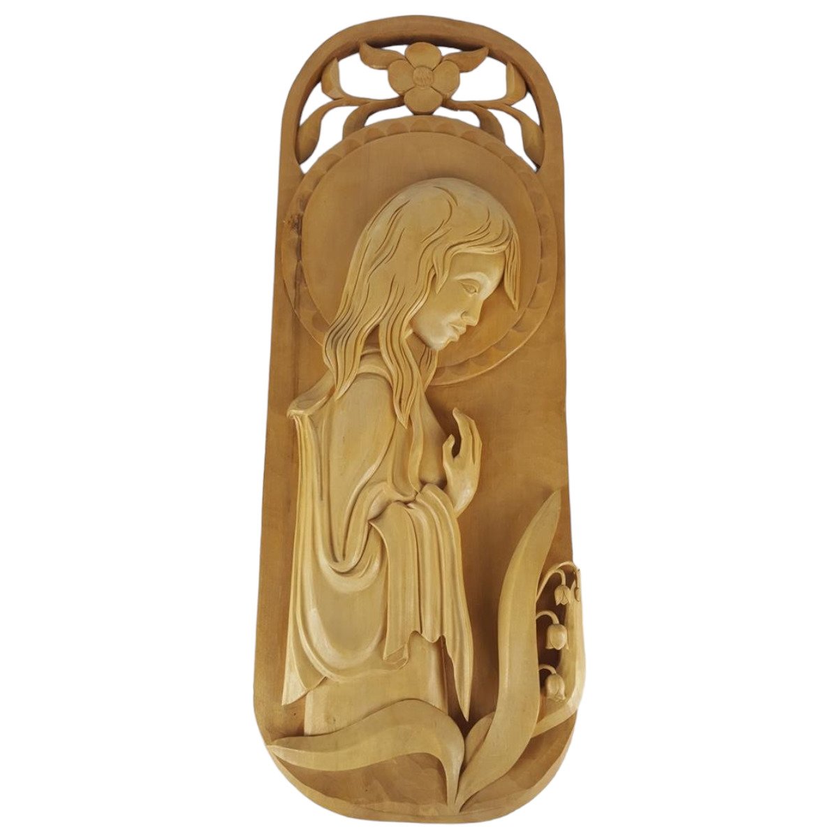 Holz Holzschnitzerei Holzkunst Wandbild aus Mädchen mit Blume H 63,2 cm