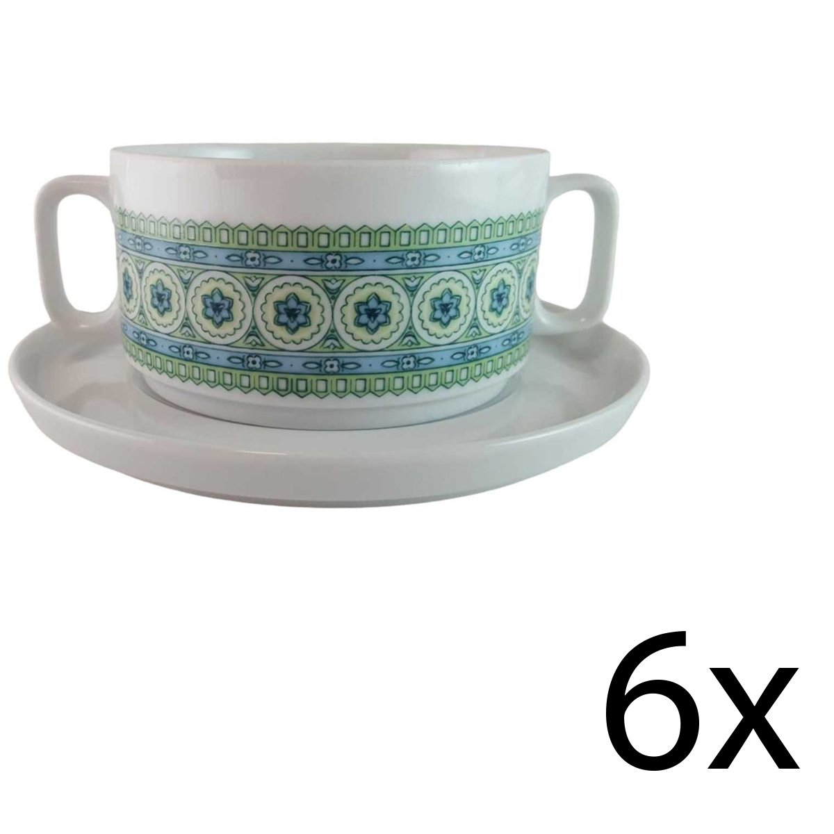6er Set Suppentasse mit Untertasse Suppenbecher Seltmann Weiden Vohenstrauß grün blau Blumendekor Blumen gebraucht - gut