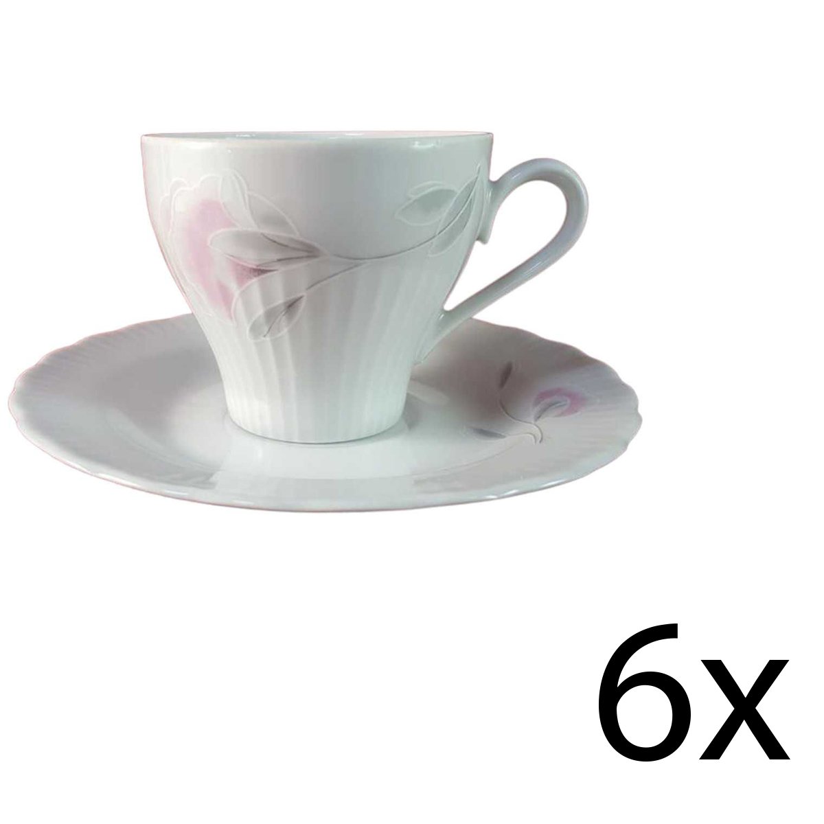6er Set gerillt Untertasse Kaffeetasse mit Tasse Graf von Henneberg rosa grau Blumendekor Blumen Weiß DDR gebraucht - sehr gut