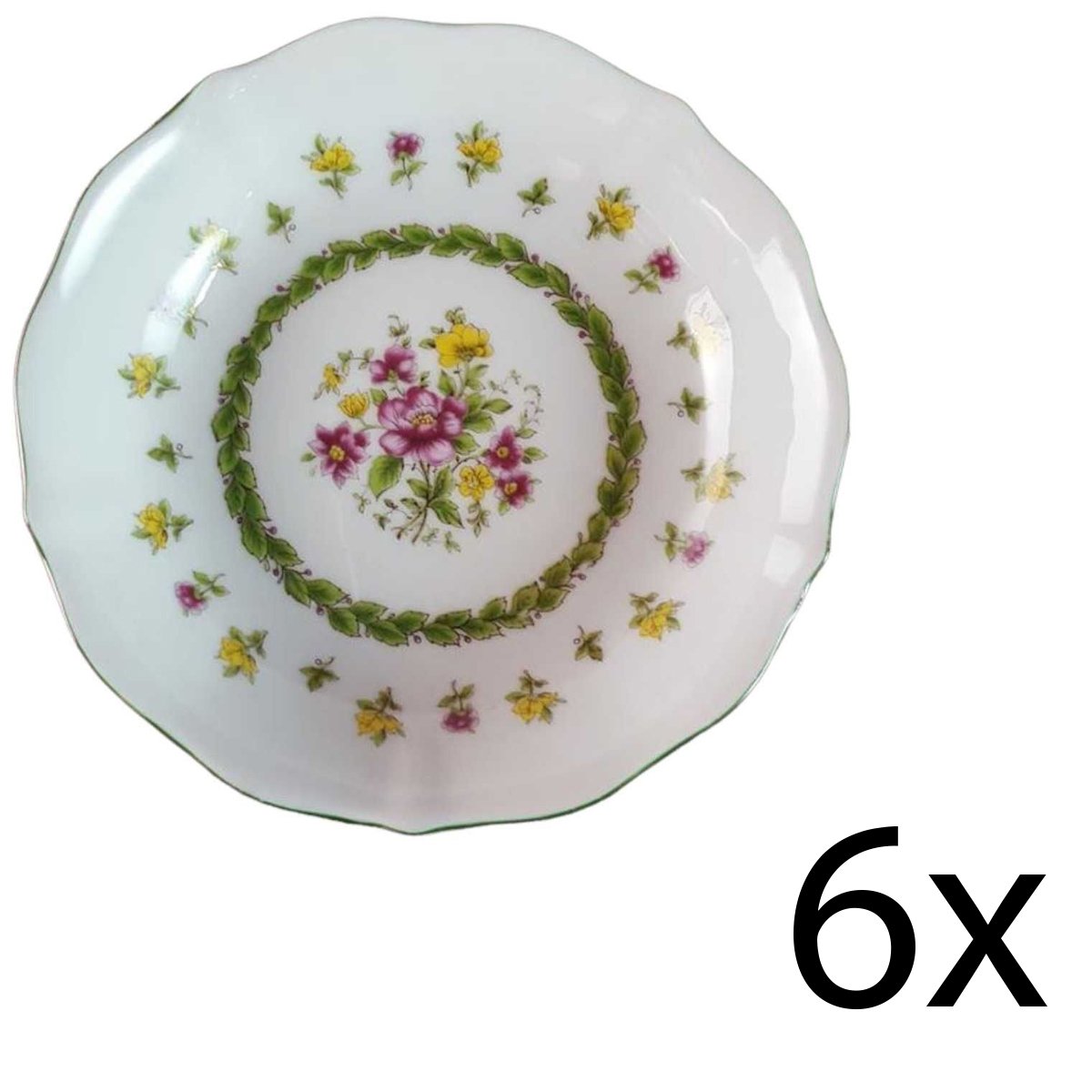 6er Set Untertasse für Kaffee mit Stempel 14 cm Schaller bunte Blumendekor Grünrand Blumen gebraucht - gut
