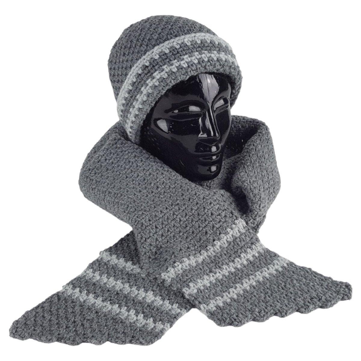 Schal Mütze Set 2 tlg Damen Handarbeit grau gehäkelt