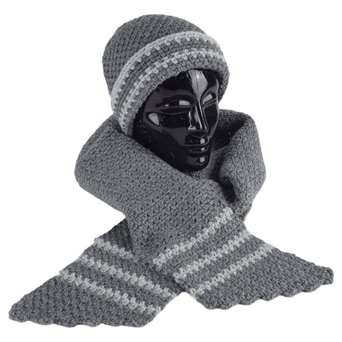 Schal Mütze Set 2 tlg Damen Handarbeit grau gehäkelt