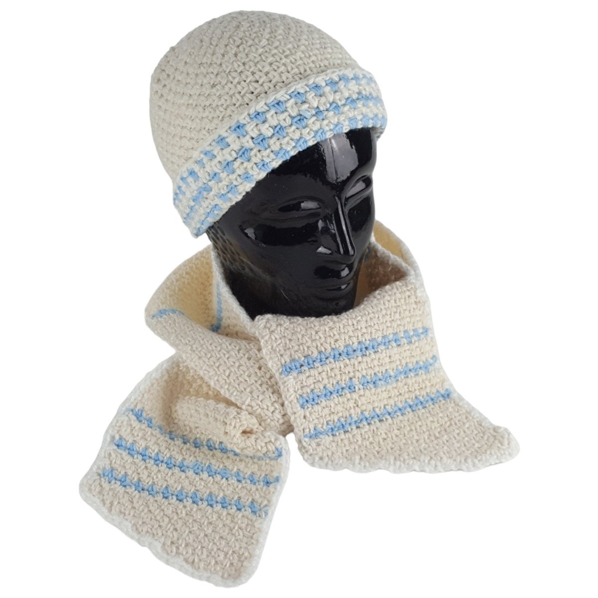 Schal Mütze Set 2 tlg Mädchen creme weiß blau Handarbeit gehäkelt