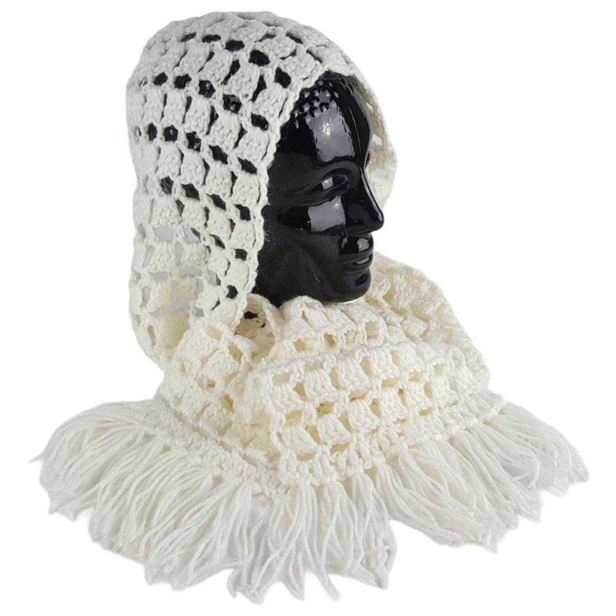 Schal Mädchen weiß Handarbeit gehäkelt 172 cm