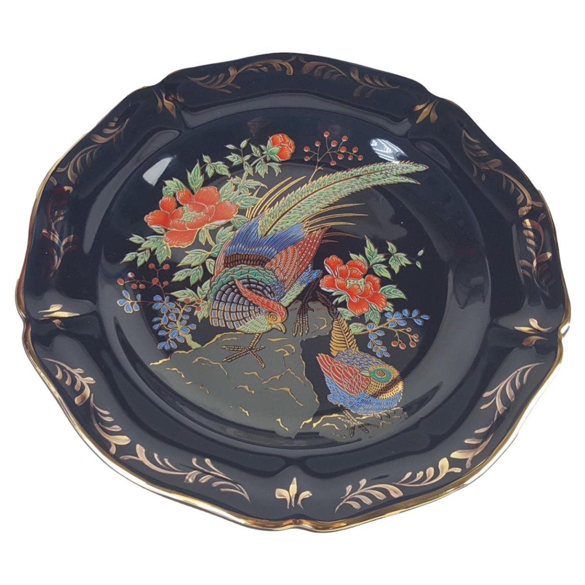 Wandteller Porzellan Griechenland Pfau Blumen 24 K Gold D 26 cm