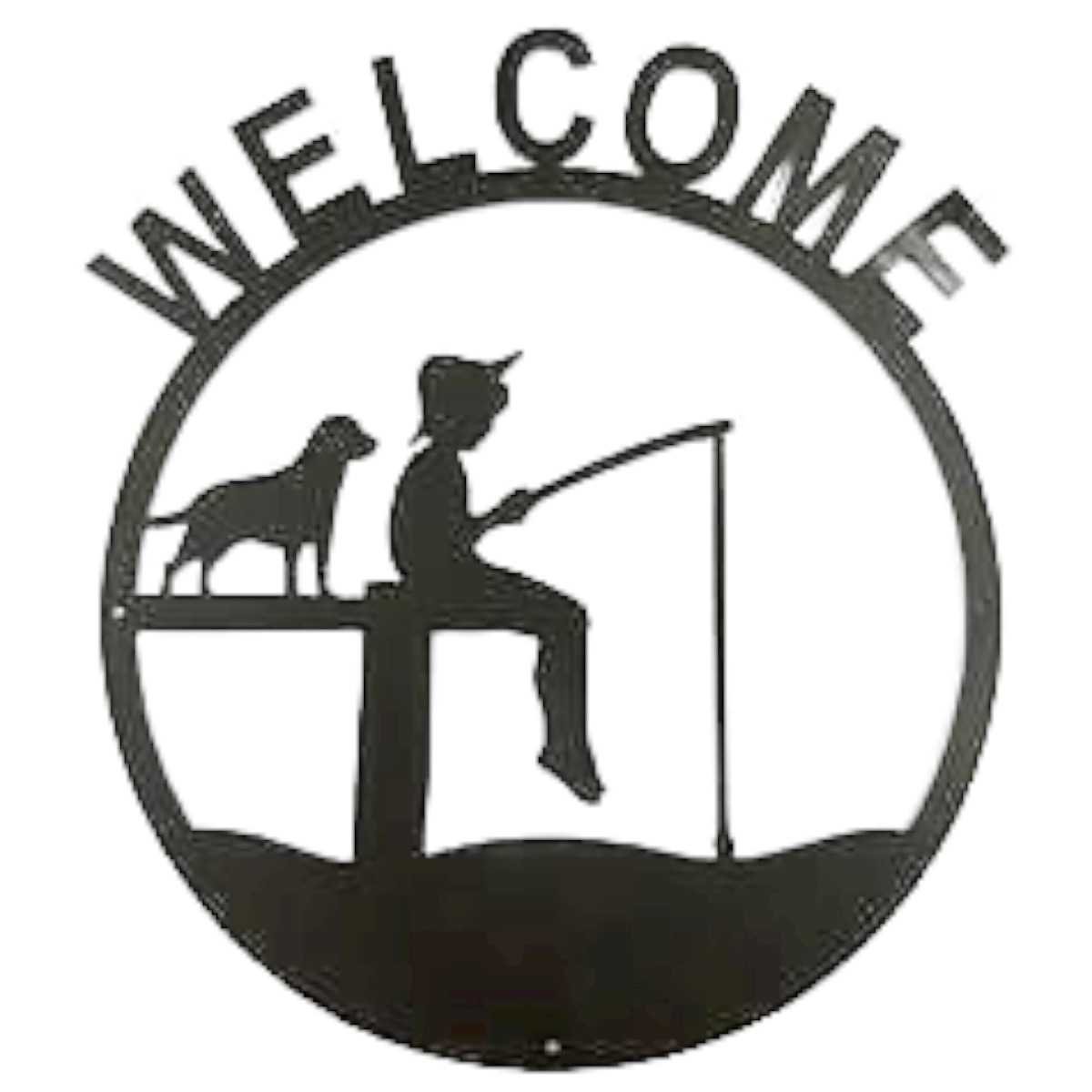 Metall Wandornament Wanddeko Wandtattoo Welcome Angler mit Hund 44x40 cm