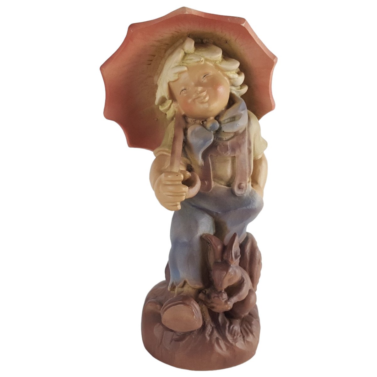 Deutsche Handarbeit Keramik Figur Junge Regenschirm Eichhörnchen H 17,8 cm