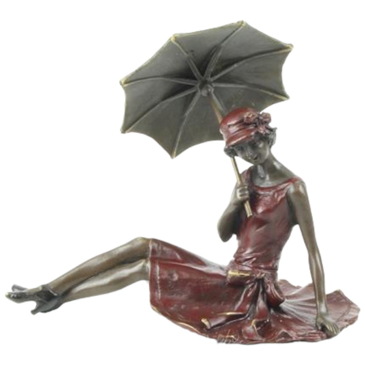 Bronzeskulptur Bronzefigur Liegende Dame mit Regenschirm