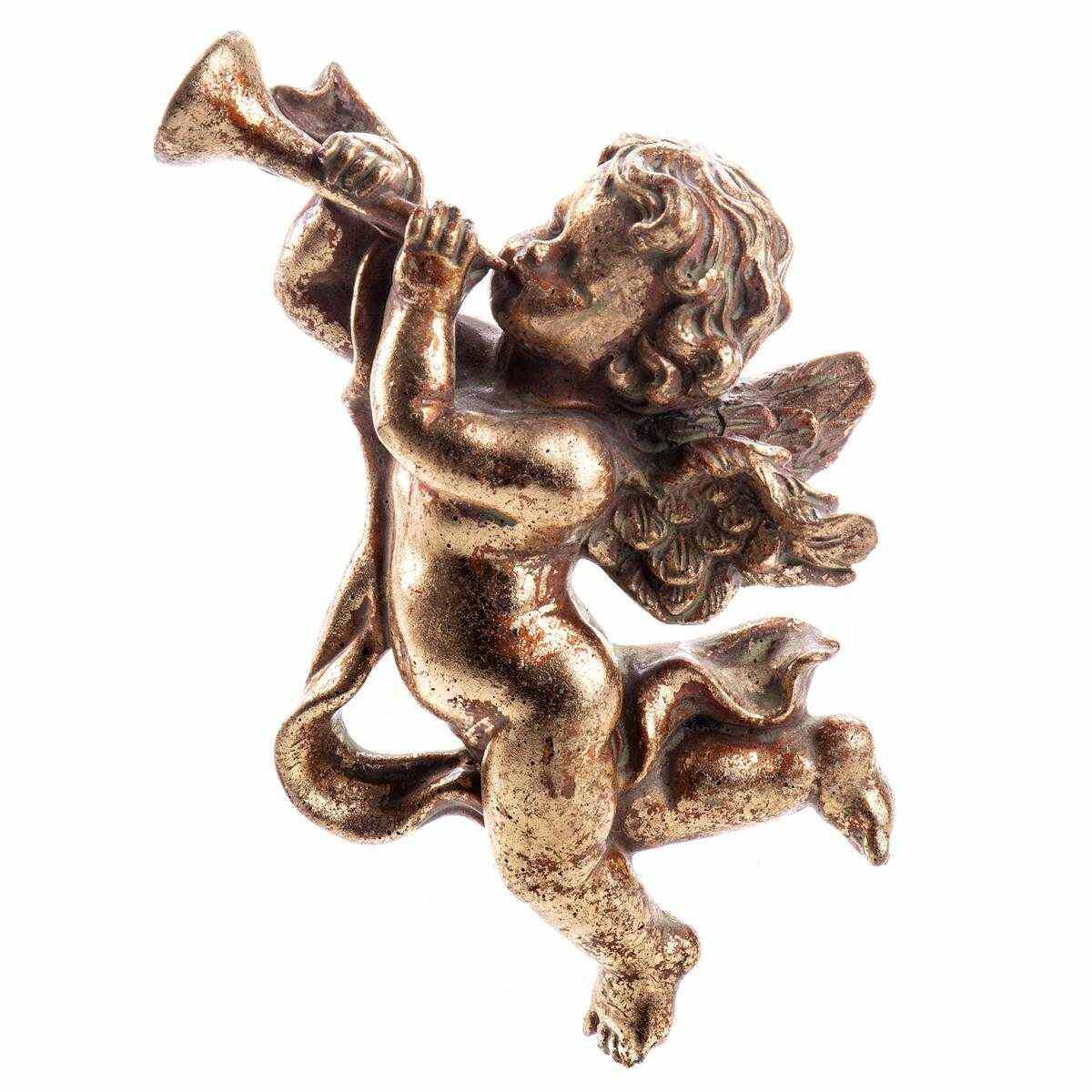 Wanddekoration Wandskulptur Wandengel Kunststein Engel mit Klarinette links Gold Wandmontage #84776