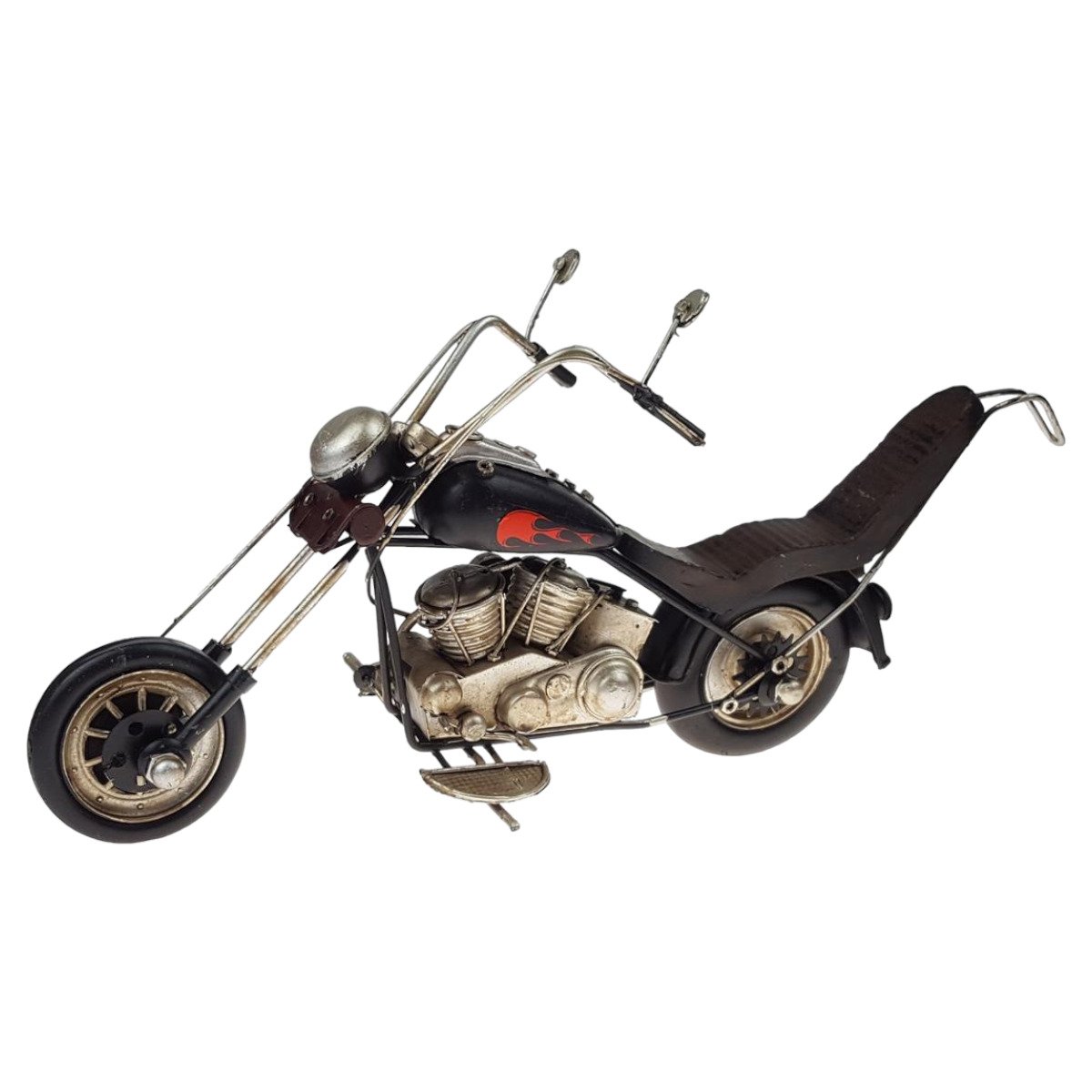 Großes schwarzes Blechmotorrad mit Flamme Modell Motorrad Chopper Deko